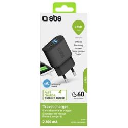 SBS Travel Charger 100/250V 2100mAh fast charge with (TETR2USB21AFAST)