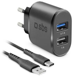 SBS Reiselader 2,1A 2x USB inkl. USB-C-Kabel 10W ( (TEKITTRC2U2AFASTK)