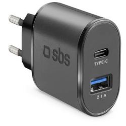 SBS Reiselader 2,1A 1x USB + 2,1A 1x USB-C, 10W sc (TETRAVUSBTC2AFAST)