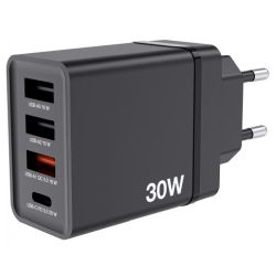 Ladegerät 30W, 1x USB-C , 3x USB-A (schwarz, PD 3.0, QC 3.0) (49700)